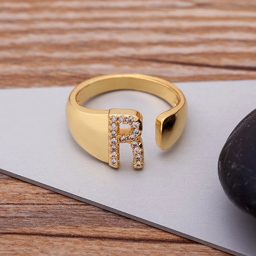 New Fashion A-Z Letter Gold Color Metal Adjustable Opening Ring Initials Name For Women Finger Rings Party Crystal Jewelry Ladies Girls Luxury Jewelry Supplies