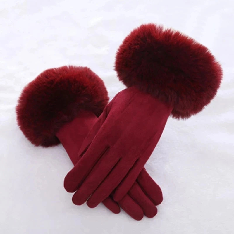 NEW Arrivals 18 Colors Women Faux Rabbit Fur Wrist Suede Leather Touch Screen Driving Glove Winter Warm Plush Thick Full Finger Cycling Black Mitten H92 Women Ladies Luxury Fashion Apparel Accessories