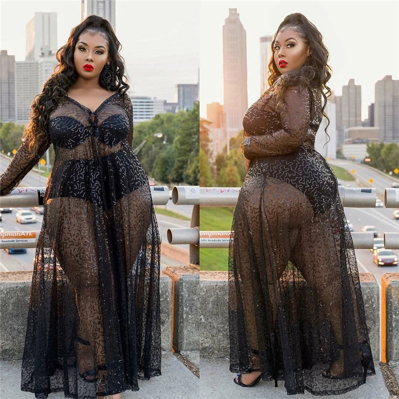 NEW Arrivals L-5XL Plus Size Spring Autumn Clothing Maxi Dresses for Chubby Women Long Sleeve Dress High Waist Transparent Sexy Mesh Evening Party Night Club Outfit