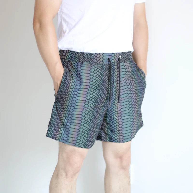 NEW Arrivals Harajuku Japanese Summer Shorts Men Jogger Reflective Safety Trouser Snakeskin Drawstring Elastic Waist Cycling Gym Shorts With Pockets Rave Party Summer Beach Party Shorts