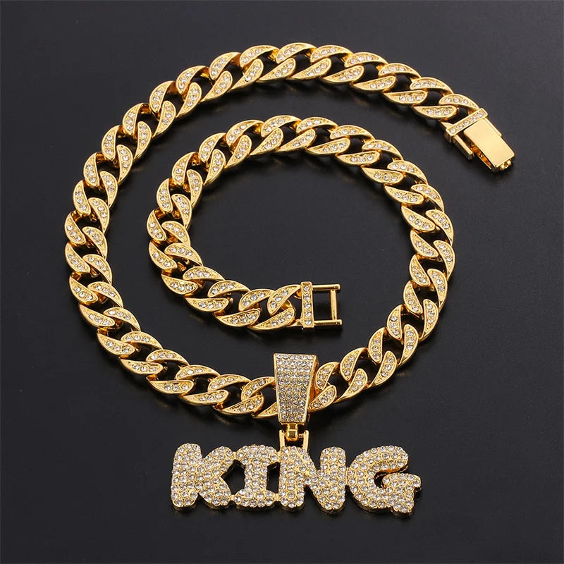 Rapper's Hip Hop KING Letters Pendant Necklace with Miami Cuban Chain Iced Out Bling Hip Hop Rave Rapper's Night Club Party Gangs Necklaces Male Charm Jewelry Gifts Accessories