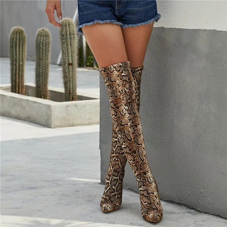 Low-Price Sales are Limited Luxury Leopard Grain Serpentine Long Boots Women High Heel Boot Pointed Toe Sexy Nigh Club Pole Dance Shoes Thigh High Over-The-Knee Booties Ladies Girls Luxury Fashion Apparel Accessories Clothing