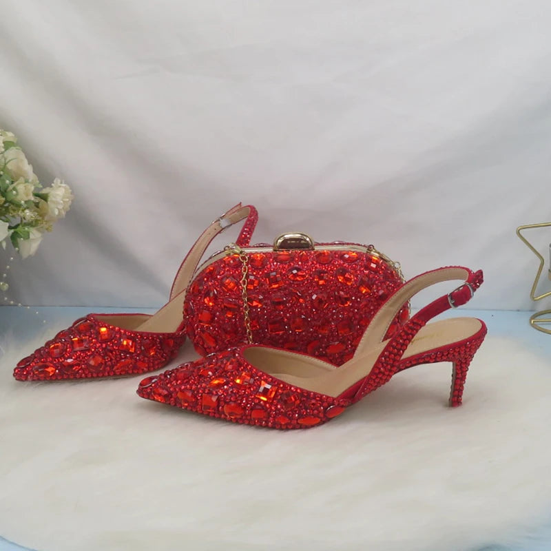 NEW Luxurious 10 Colors Summer Female Red Sandals Crystal Party Sandals Purse Set Wedding Shoes Bridal Woman Fashion Pointed Toe Thin Heel Sandals Girls Ladies Luxury Fashion Apparel Accessories Sets Clothing Supplies