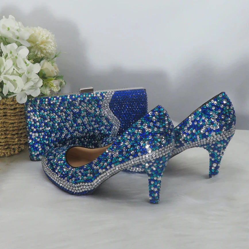 NEW Luxury Royal Blue Mix Silver Crystal Wedding Shoes Sets with Matching Bags Women High Pumps Round Toe Evening Party Night Business Dinner Shoes Female Ladies Luxury Fashion Apparel Accessories Clothing Products