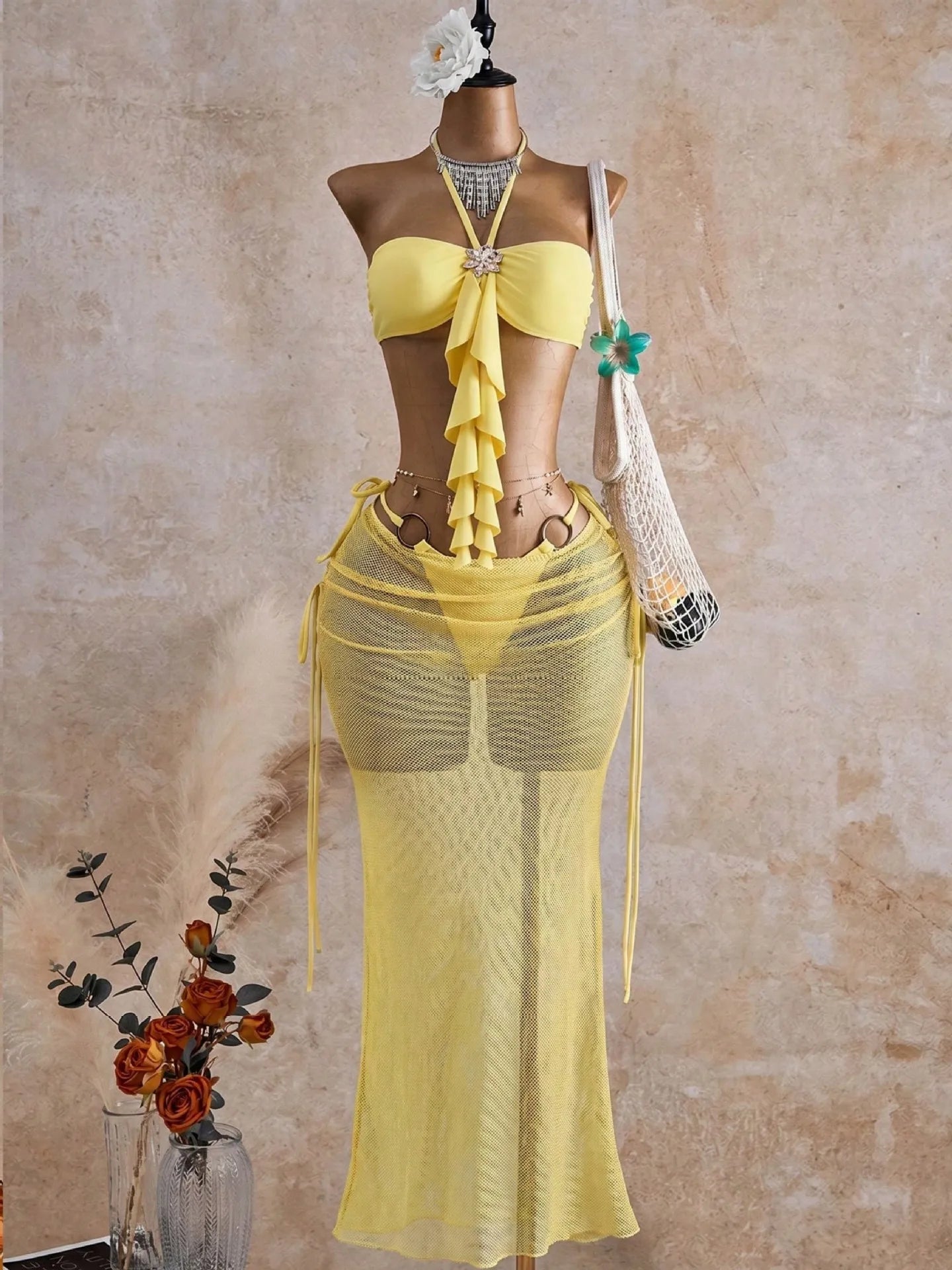 NEW Design 3 PCS Set White/Blue/Yellow Color Women's Swimwear Bandeau Top Brazilian Bikini and Skirt Cover Up Set Beachwear XS-XL Women Summer Bathing Apparel Suits Clothing Supplies