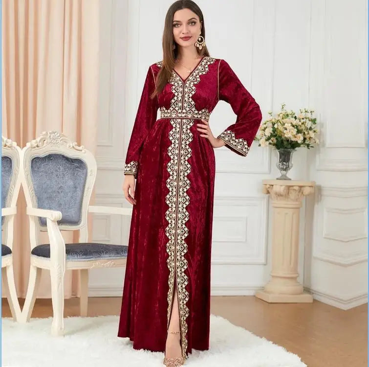 Autumn and Winter Religious Women's Muslim Long Sleeve V-Neck Embroidery Solid Maxi Standard Loose Formal Dresses