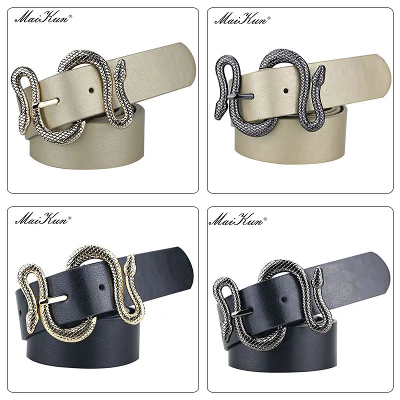 Maikun Belts for Women Snake Shape Pin Buckle Belt High Quality Leather Women Belt PU Waistband