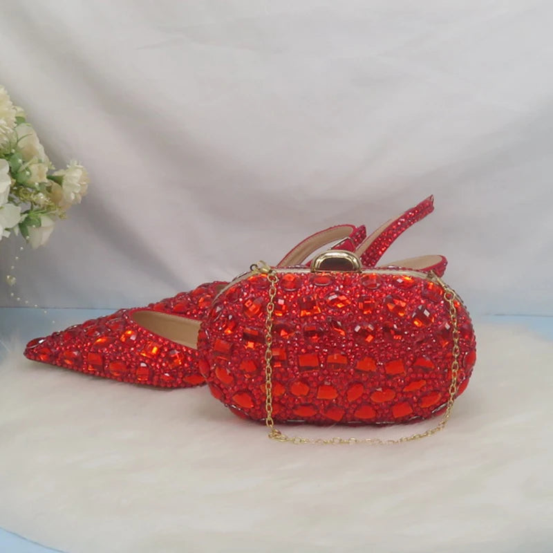 NEW Luxurious 10 Colors Summer Female Red Sandals Crystal Party Sandals Purse Set Wedding Shoes Bridal Woman Fashion Pointed Toe Thin Heel Sandals Girls Ladies Luxury Fashion Apparel Accessories Sets Clothing Supplies