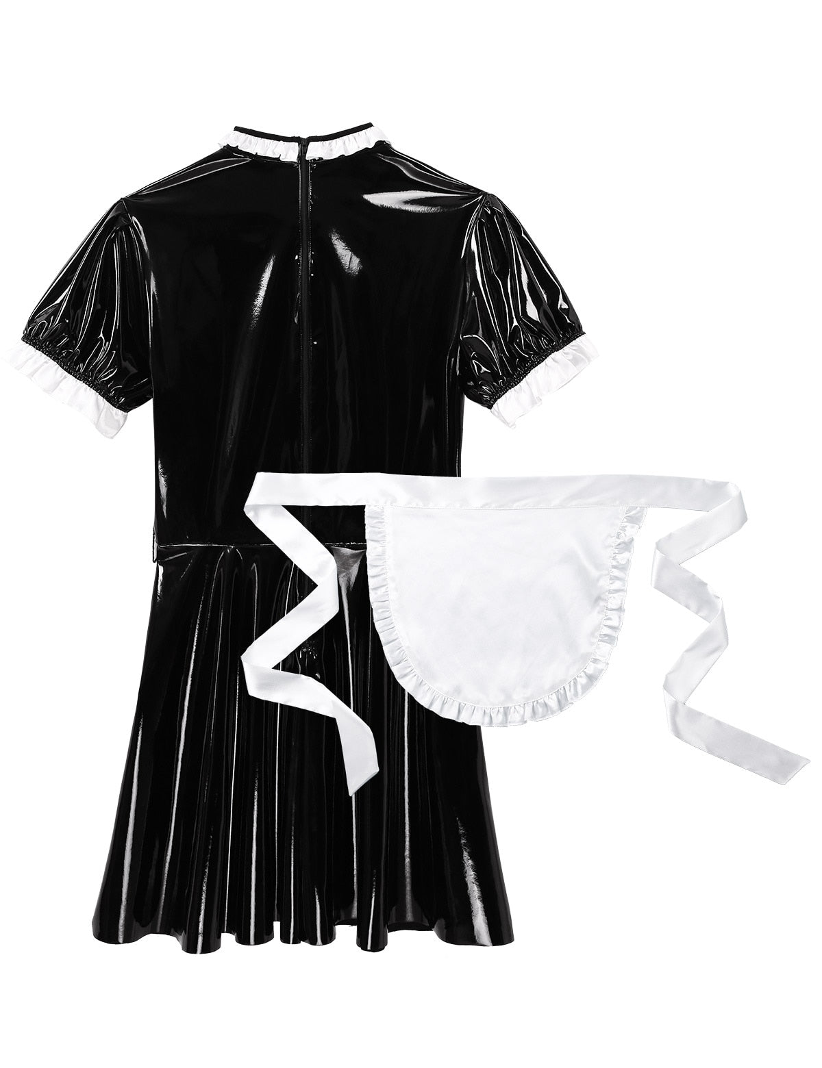 MSemis Men Male Sissy Maid Dress Cosplay Costume Clubwear Short Puff Sleeve Latex Maid Servant Uniform Flared Dress with Apron