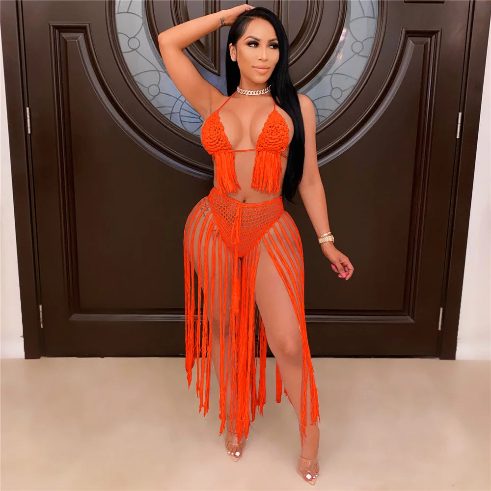 NEW 2PCS Set 5 Colors Sexy Knitted Swimwear Women Backless Crop Top and Tassel Long Skirts Sets Summer Beach Vacation Party Club Outfits