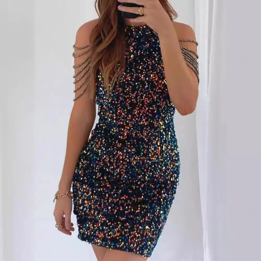 S-2XL 7 Colors European American New Women's Eco-Friendly Sexy Colorful Diamonds Crystal Sequin Mini Ball Gown Backless Halter Neck Tassel Slim Hip Evening Party Dress Ladies Sexy Apparel Supplies