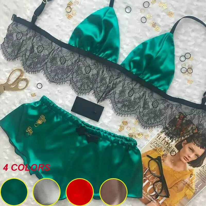Women Lace Two Piece Swimsuit Sexy Underwear Set Beachwear Ladies Summer Satin Silk Bra Bustier Babydoll Nightwear Bathing Suit