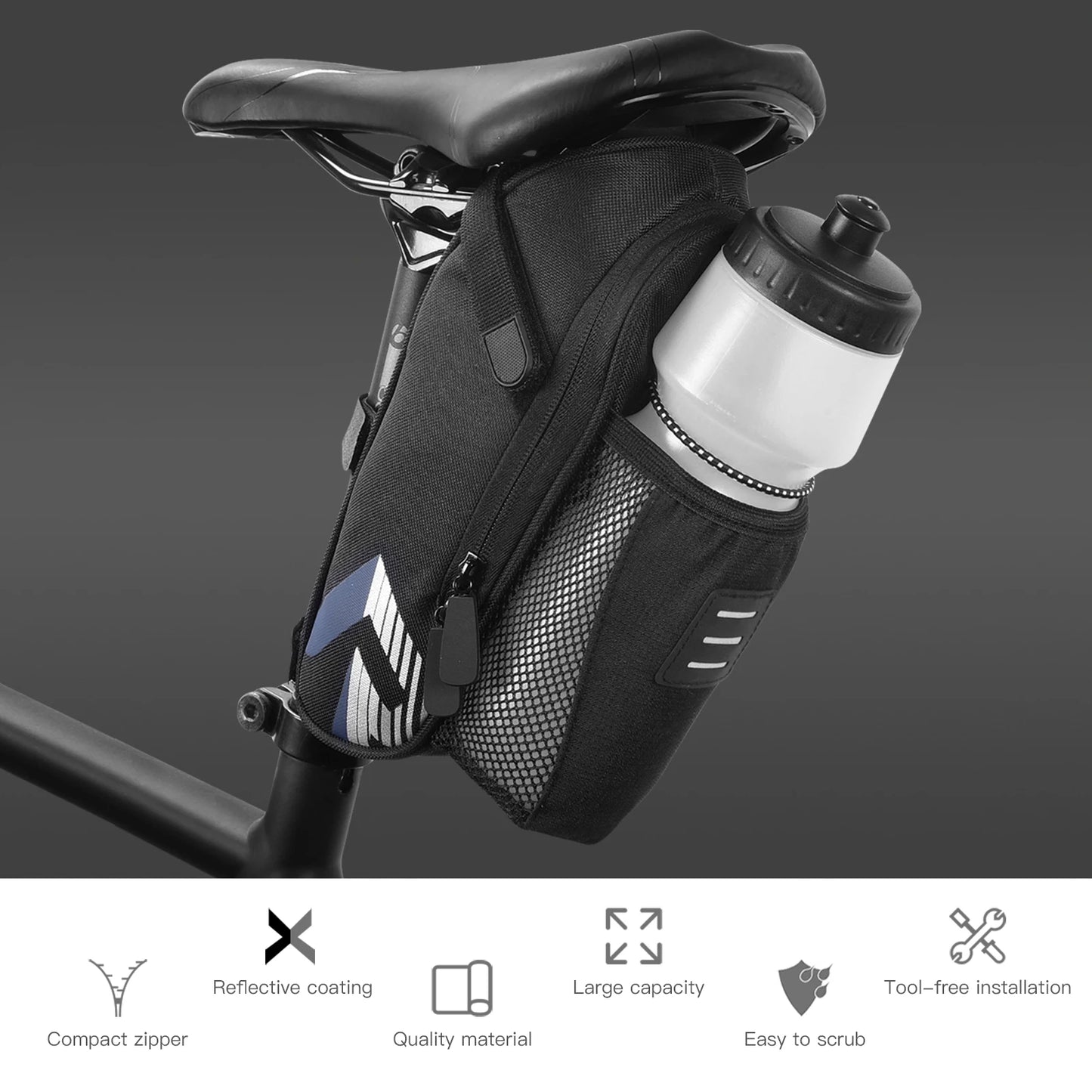 Bicycle Saddle Bag with Water Bottle Pocket Waterproof Large Capacity Bike Bag Reflective Cycling Rear Seat Post Bag