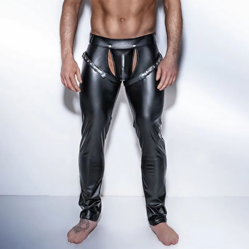 Erotic Men Faux PU Leather Pants Male Wetlook Latex Trousers Open Front Exotic Clubwear Gay Fetish PVC Pants Clubwear Costume