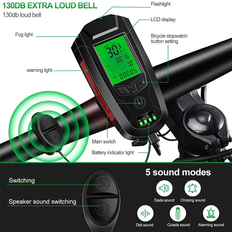 5 In 1 Bike Light With Bicycle Computer LCD Speedometer Odometer 5 Modes Horn Waterproof USB Charge Cycling Bike Lamp