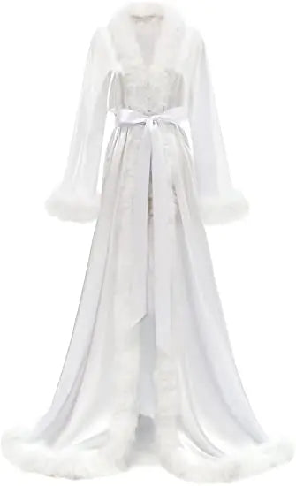 NEW Arrivals S-4XL PLUS SIZE 8 Colors Patterns Curvy Women's Satin Robe Real Rabbit Fur Nightgown Bathrobe Sleepwear Feather Bridal Robe with Belt Honeymoon Ladies Luxury Robes