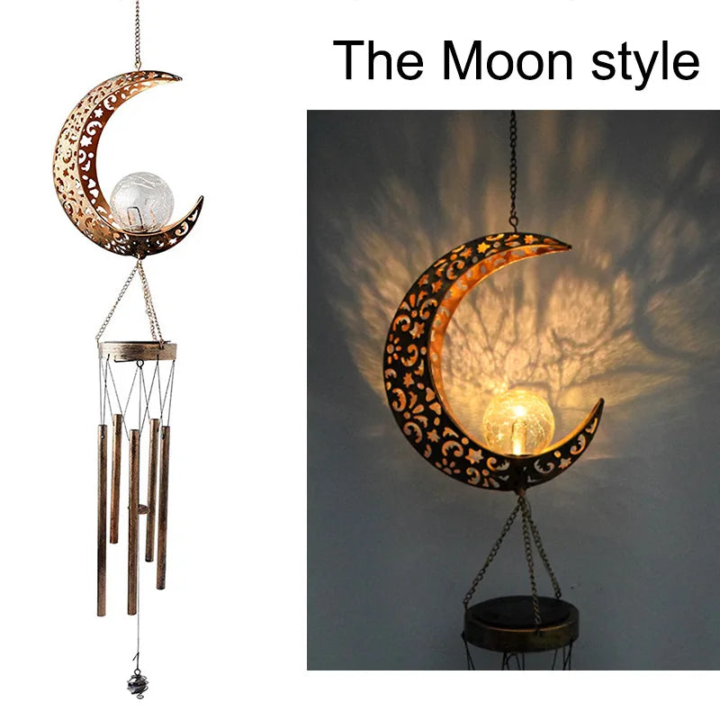 Wind Chimes Solar Lights LED Bulbs Lithium Battery Outdoor Waterproof Hanging Aeolian bells Solar Lamp With Moon Star Sun Shape For Party Garden Festival