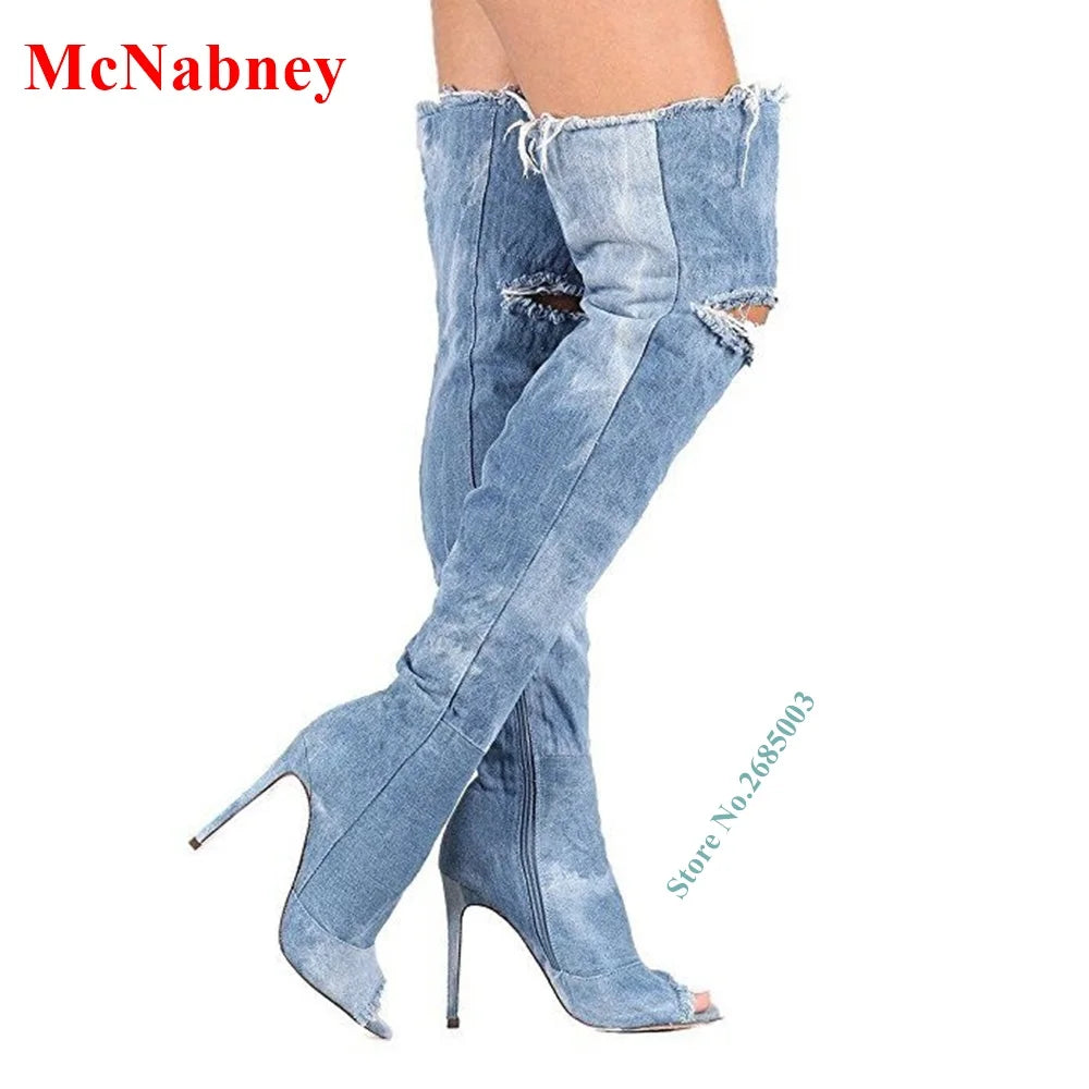 Denim Cut Outs Peep Toe Boots Thin High Heel Over The Knee Side Zipper Solid Sexy Lady Spring Autume Party Dress Boots Shoes
