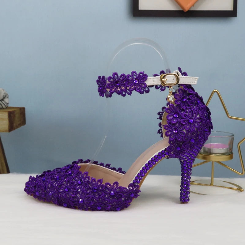 NEW Arrivals Italian Design Purple Lace Flower Luxury Wedding Shoes And Bag Set Crystal Heels Pointed Toe Ankle Strap Evening Party Shoes with Matching Bags Lace-Up Girls Ladies Luxury Fashion Apparel Accessories Clothing Pro