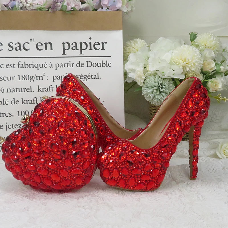Luxury Handmade Red Rhinestone Women Wedding Shoes Set with Matching Bags Bride Woman Shoes and Purse Platform Night Formal Business Dinner Concerts Shoes Ladies Luxury Fashion Apparel Accessories Clothing Supplies