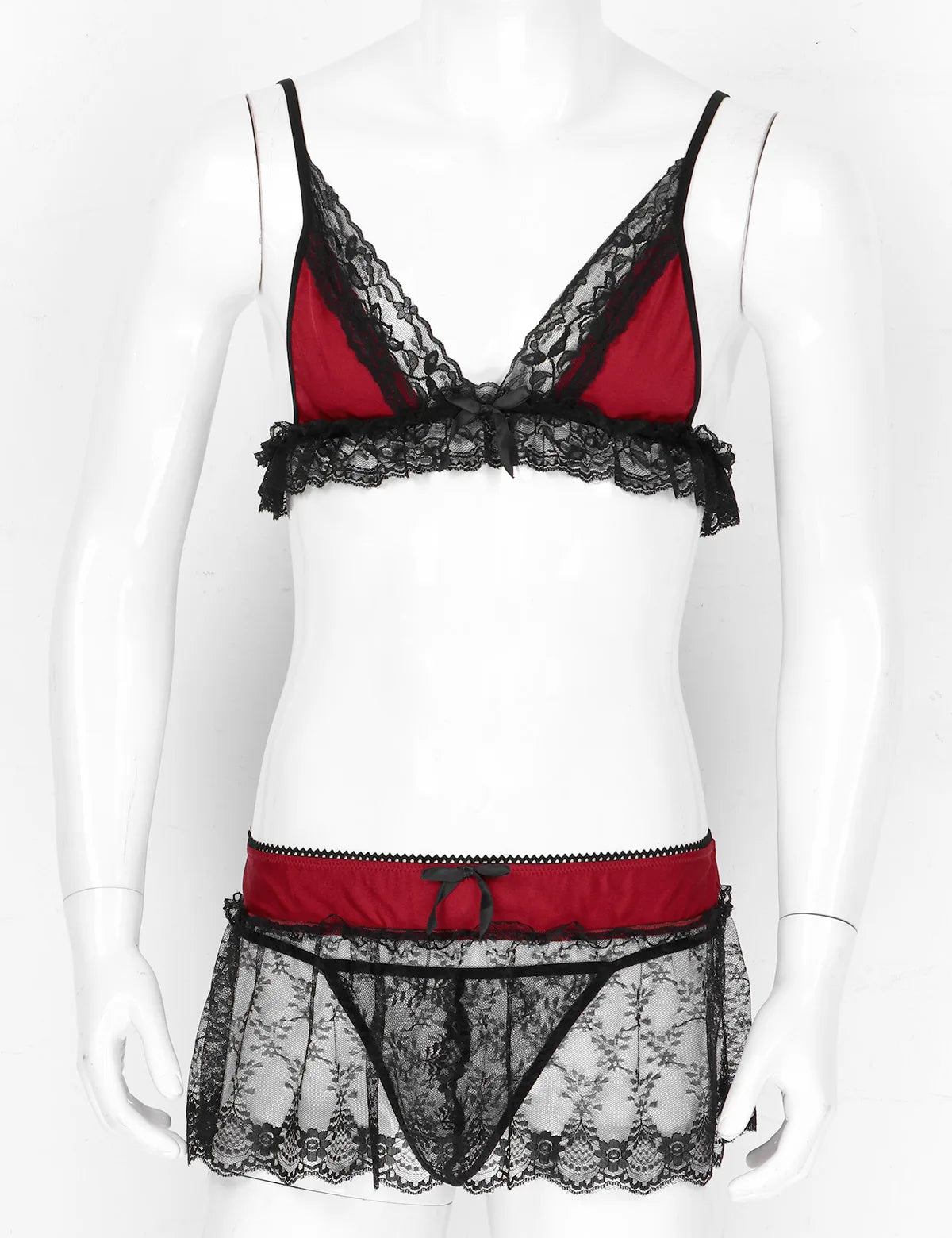 M-XL Men Sissy Lace See Through Lingerie Set Adjustable Straps Deep V Bra Top with Mini Skirt G-String Erotic Underwear Suit