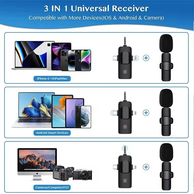 NEW Set K15 Portable 2.4Ghz Wireless Professional Lavalier Microphone Noise Reduction HD Radio Recording Outdoor Interview 3 in 1 Live Microphone for Live Streaming Podcast TikTok YouTube Video Recording