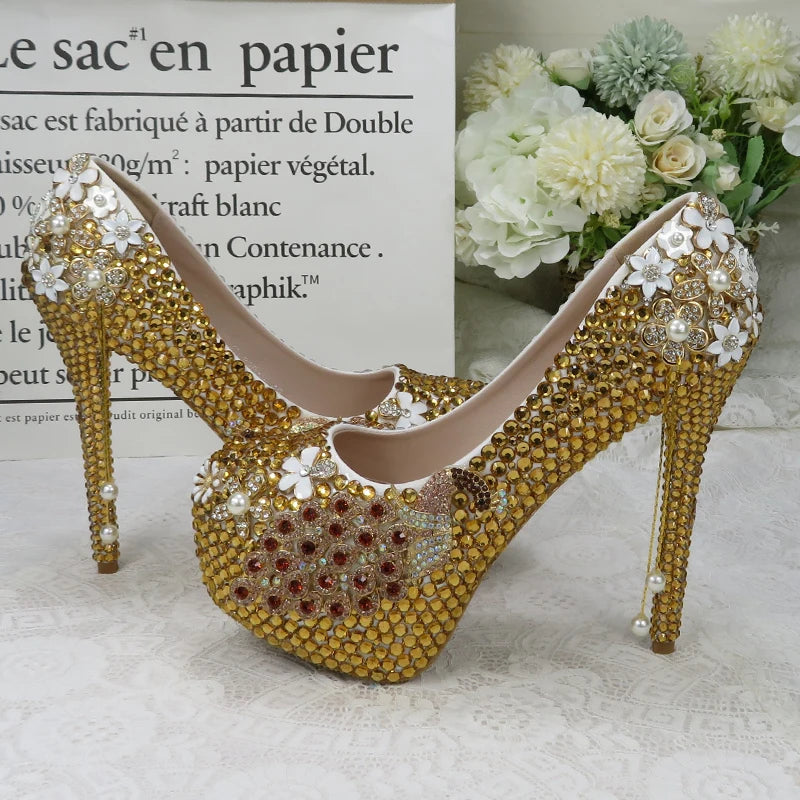 NEW Arrivals Golden Party Dress Shoe with Matching Bag Purse Crystal Wedding Shoes Bride Women's High Heel Platform Shoe High Pumps Purse Female Ladies Luxury Fashion Apparel Accessories Sets Clothing Products