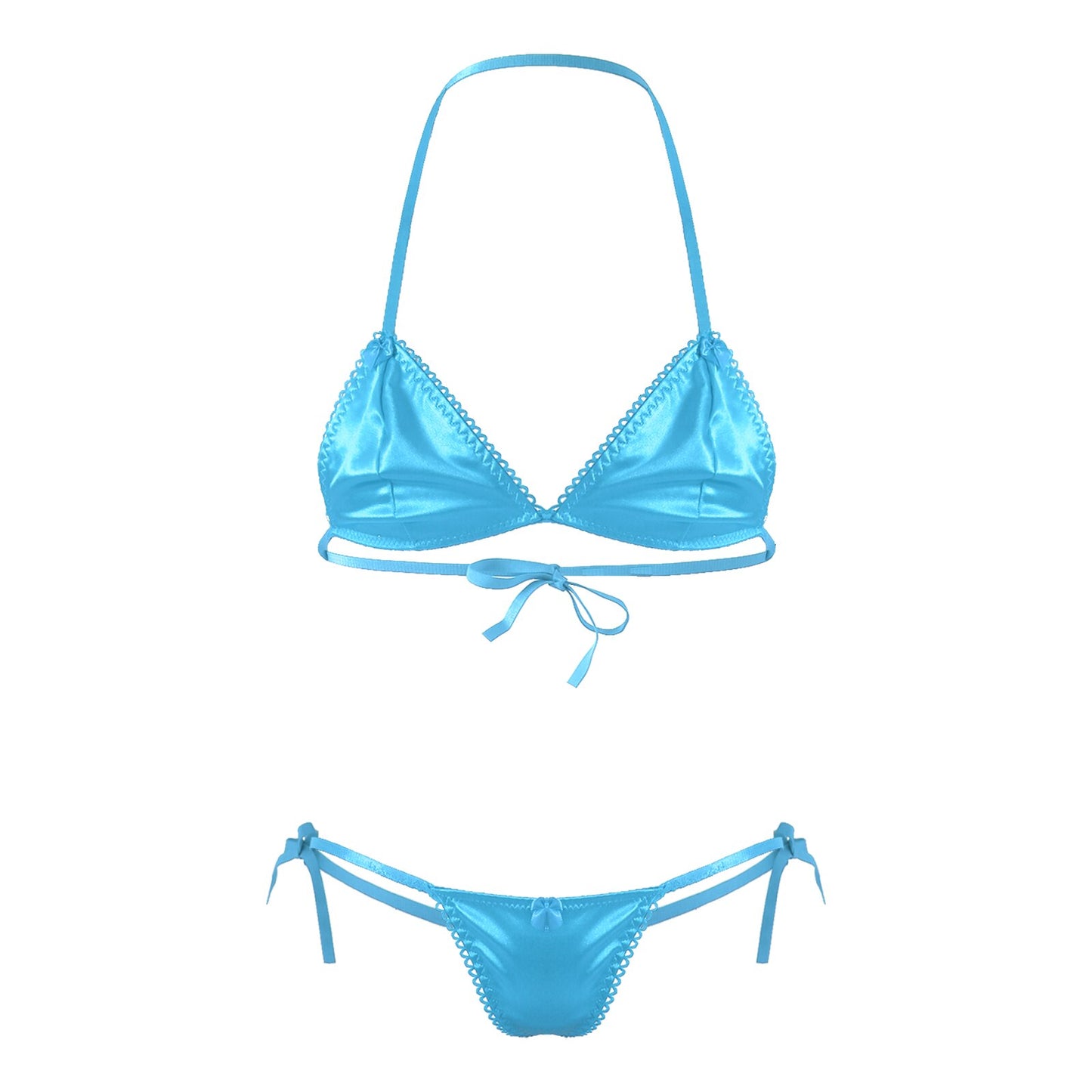 Gay Men Male Sissy Underwear Satin Two-piece Lingerie Set Exotic Apparel Lace-up Halter Unlined Wireless Bra with Thongs Panties