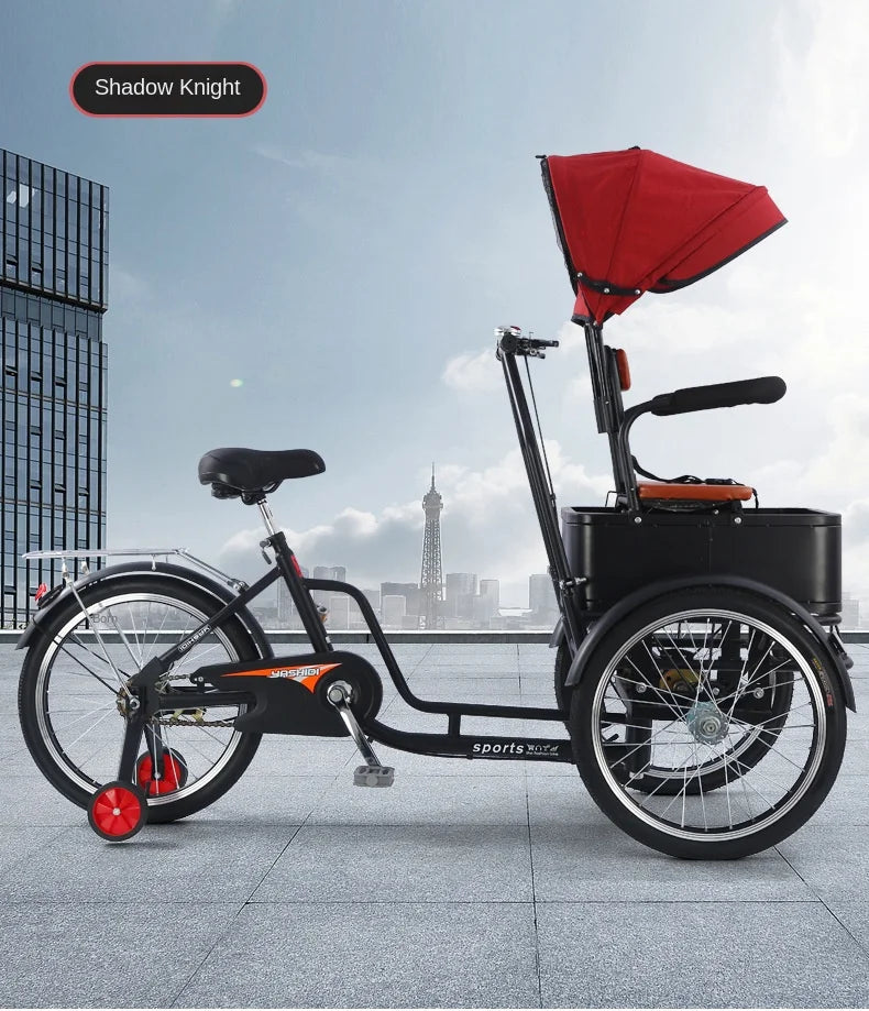Parents-Child Tricycle Bicycle JMC-0829 Elderly Walking Tricycle Single Speed Full Shockproof Steel Frame 20" 150kg Load Capacity On-Road