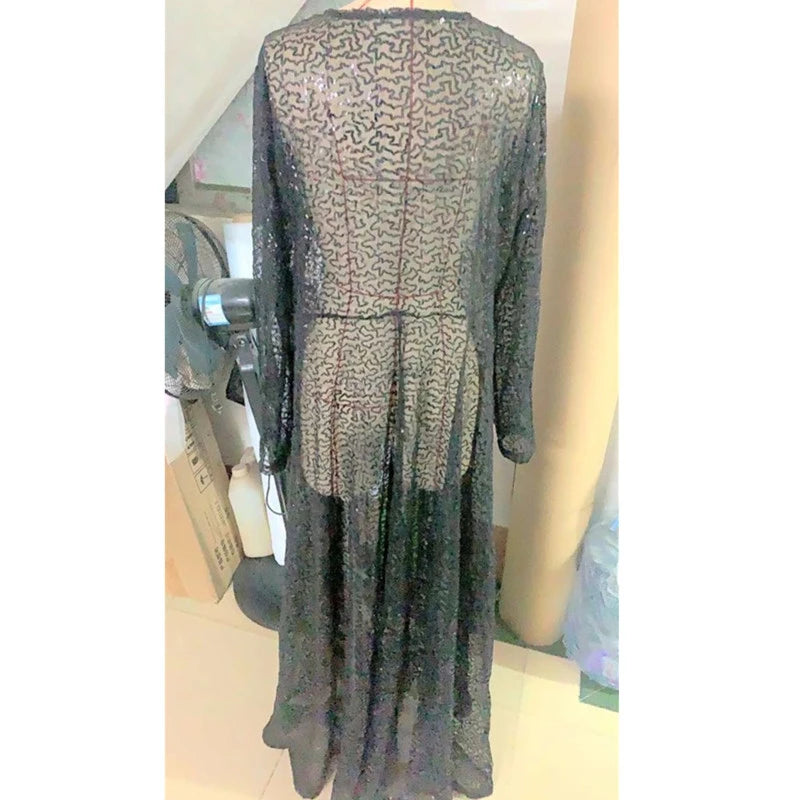 NEW Arrivals L-5XL Plus Size Spring Autumn Clothing Maxi Dresses for Chubby Women Long Sleeve Dress High Waist Transparent Sexy Mesh Evening Party Night Club Outfit