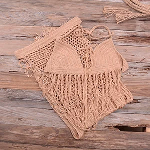 NEW Arrivals Sexy Hot Boho Women Sexy Handmade Crochet Bikini Set Knitted Handmade Beach Swimwear Halter Long Tassel Swimsuit Female Ladies Beach Wear