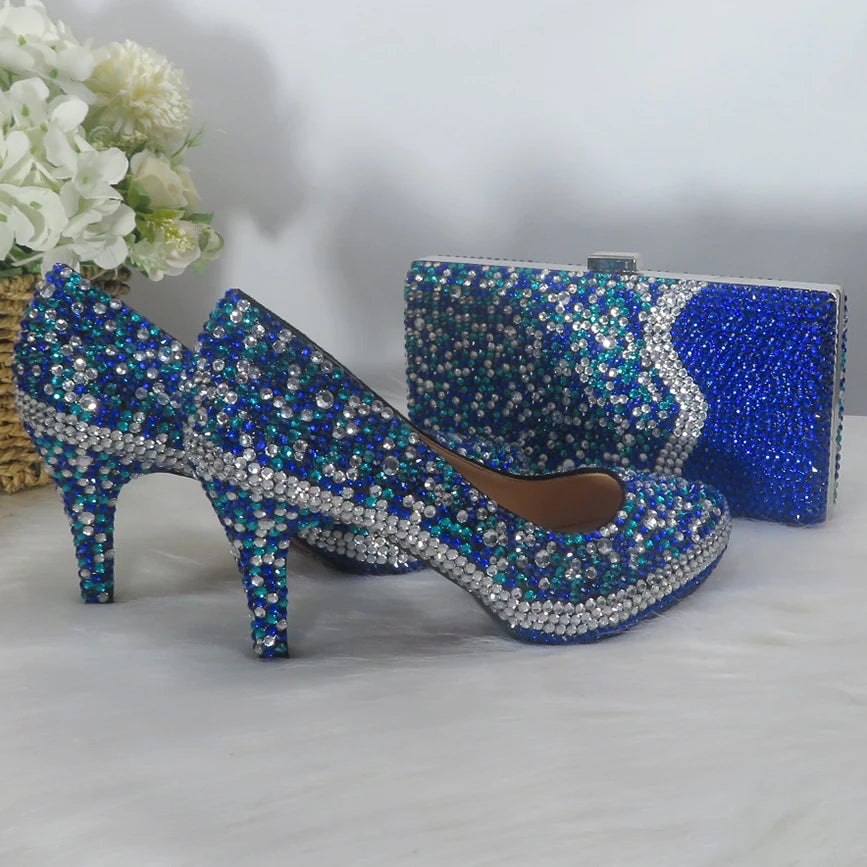 NEW Luxury Royal Blue Mix Silver Crystal Wedding Shoes Sets with Matching Bags Women High Pumps Round Toe Evening Party Night Business Dinner Shoes Female Ladies Luxury Fashion Apparel Accessories Clothing Products