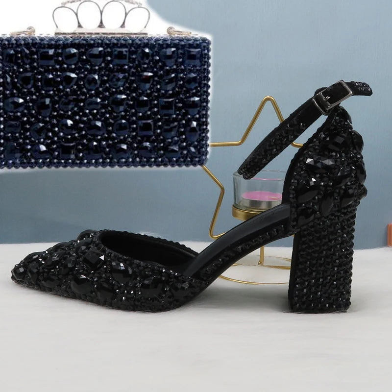 Luxury Black Crystal Wedding Shoes Set with Matching Bags Woman Fashion Diamonds Shoes 8CM-11CM-14CM High Heels Platform Plus Size Ladies Luxury Fashion Apparel Accessories Clothing Supplies