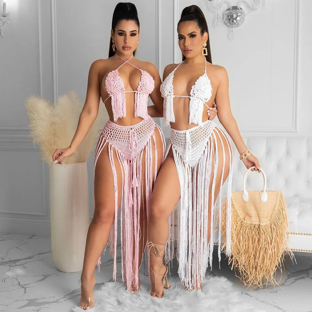 NEW 2PCS Set 5 Colors Sexy Knitted Swimwear Women Backless Crop Top and Tassel Long Skirts Sets Summer Beach Vacation Party Club Outfits