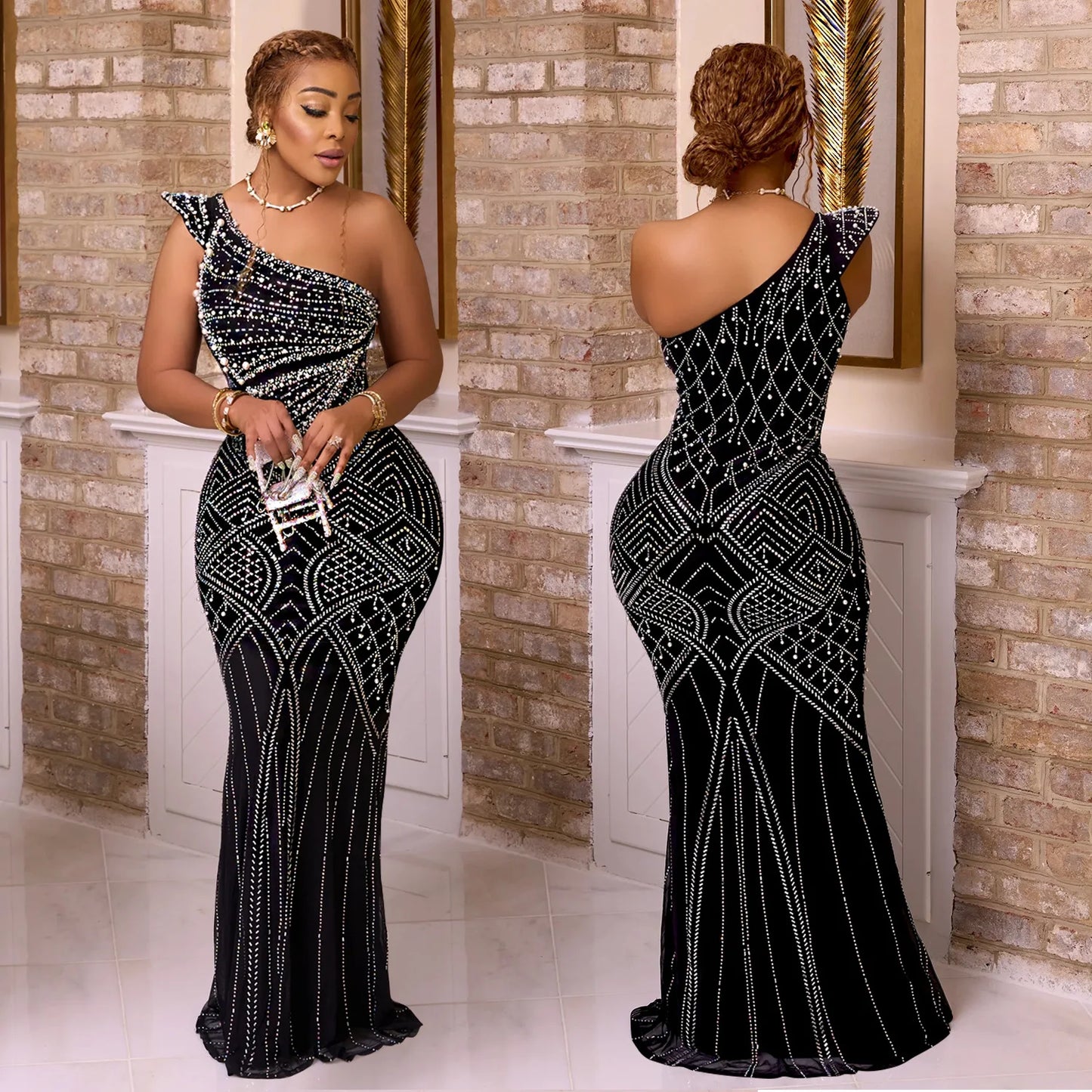 NEW Embellished Sleeveless One Shoulder Dress Straight Ball Gown Elegant Party Maxi Dresses Dresses Women Lady Elegant Gown