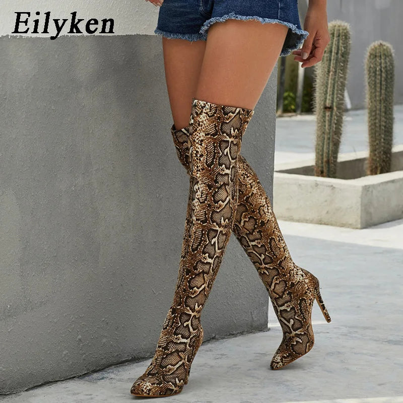 Low-Price Sales are Limited Luxury Leopard Grain Serpentine Long Boots Women High Heel Boot Pointed Toe Sexy Nigh Club Pole Dance Shoes Thigh High Over-The-Knee Booties Ladies Girls Luxury Fashion Apparel Accessories Clothing