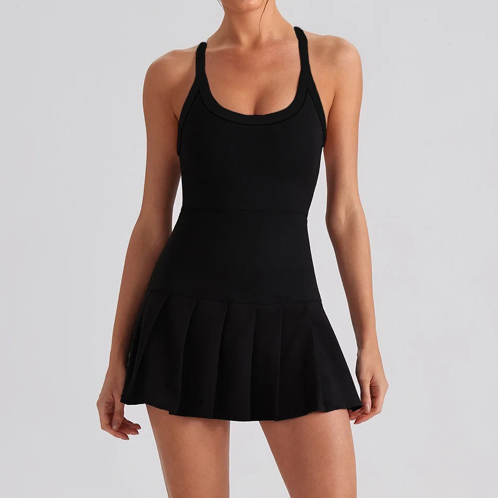 NEW Arrivals Women Luxury One Piece Sexy Cross Back Tennis Dress Built-In Shorts with Pockets Chest Pad High Stretch Breathable Dress for Pickleball Activewear Workout Mini Dress Women Sports Clothing Supplies