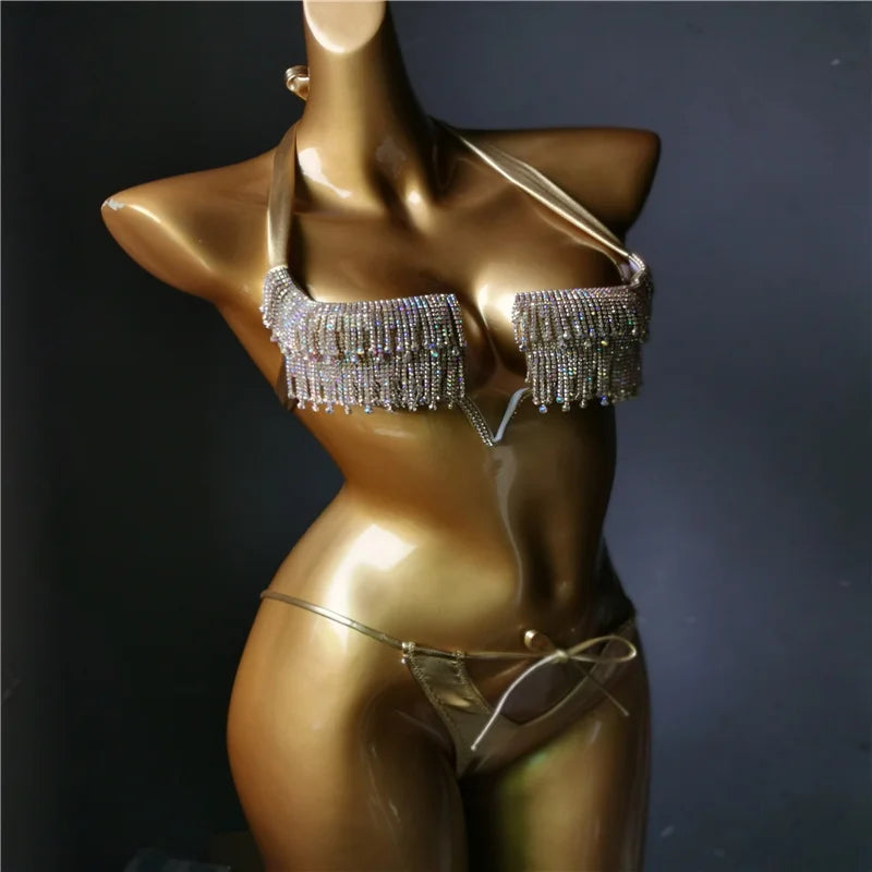 New Tassels Bikini Set Diamond Bling Stones Swimwear Sexy Women Rhinestone Bathing Suit Latest Beachwear
