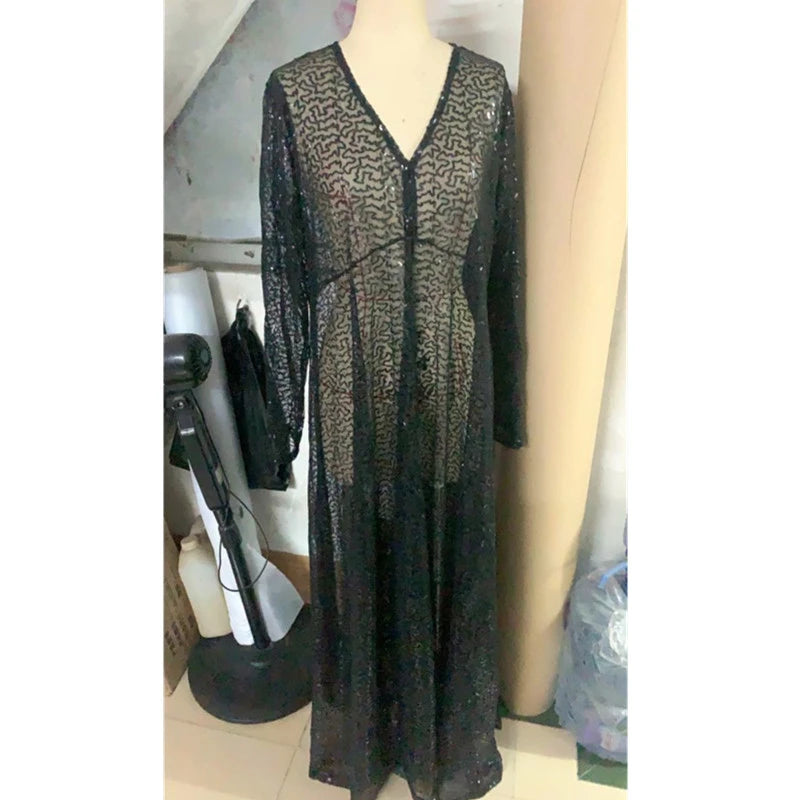 NEW Arrivals L-5XL Plus Size Spring Autumn Clothing Maxi Dresses for Chubby Women Long Sleeve Dress High Waist Transparent Sexy Mesh Evening Party Night Club Outfit