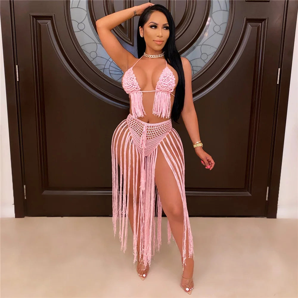 NEW 2PCS Set 5 Colors Sexy Knitted Swimwear Women Backless Crop Top and Tassel Long Skirts Sets Summer Beach Vacation Party Club Outfits