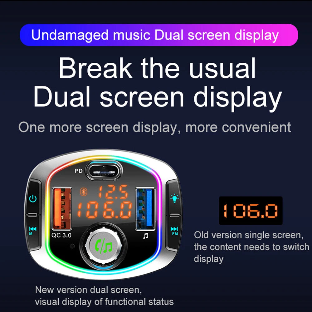 NEW Arrivals LED Backlit Bluetooth FM Transmitter Car MP3 TF/U Disk Player Handsfree Car Kit Adapter Dual USB QC 3.0+PD Type C Fast Charger