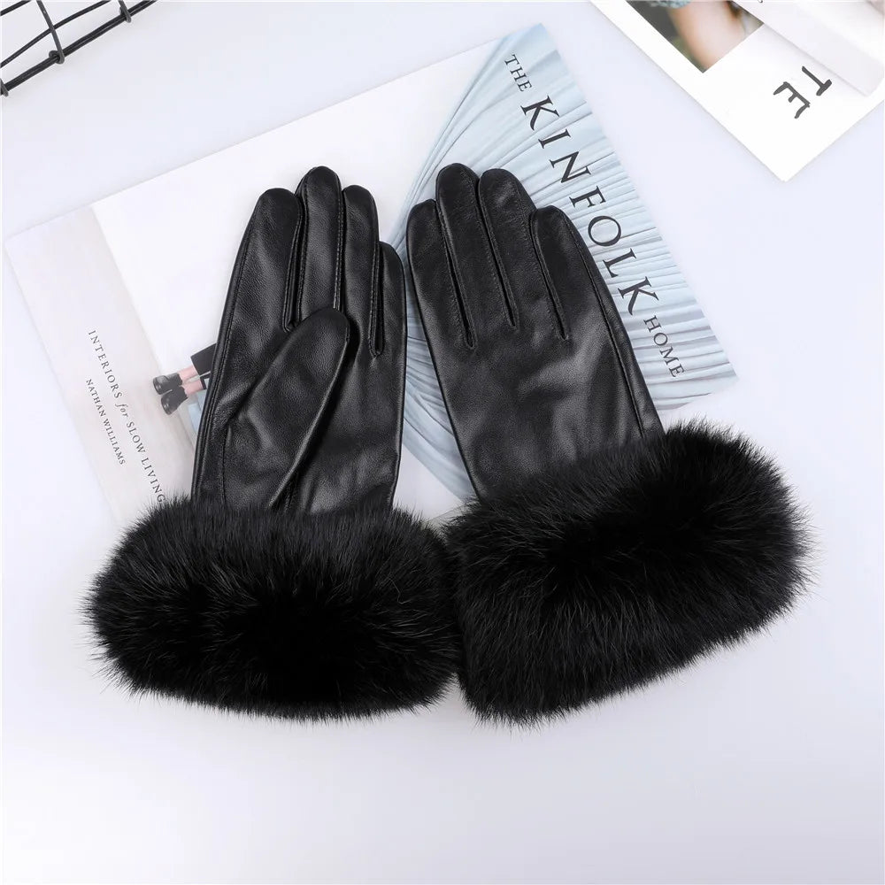New Arrivals Women's Luxury Real Sheepskin Leather Gloves With Real Natural Rabbit Fur Cuffs Female Formal Evening Party Business Dinner Warm Gloves Fleece Lining Touch Screen Gloves Ladies Luxury Fashion Apparel Accessories