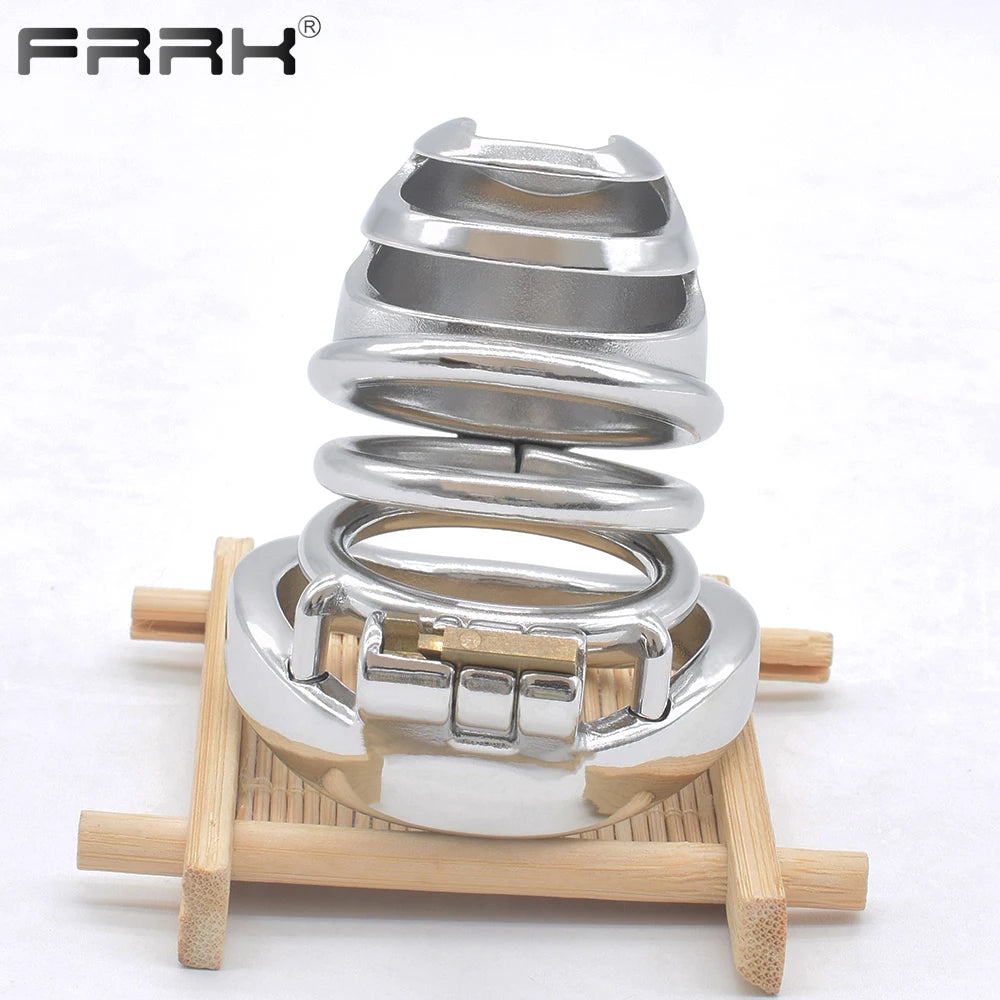 Adult FRRK Metal Cock Cage Stainless Steel Male Chastity Device Penis Ring BDSM Bondage Adult Sex Toys For Erect Denial Games