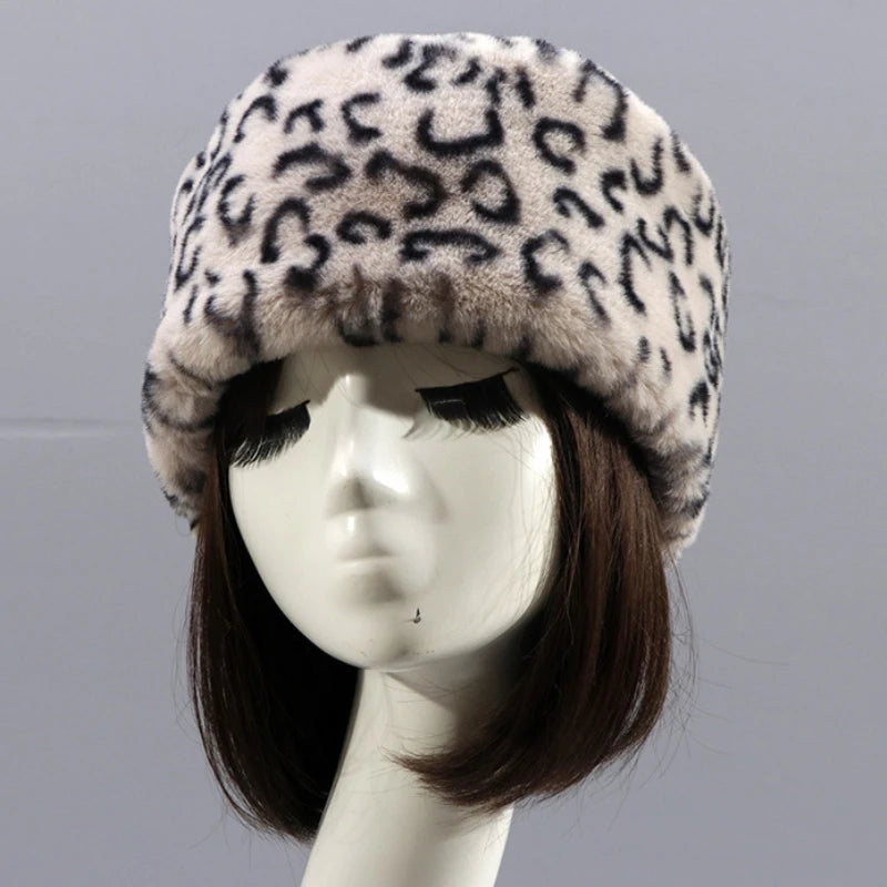 Luxury Siberian Style Leopard Women Girls Winter Warm Hat Faux Fur Hat Head Ears Cover Caps Ladies Thick Beanies Female Bomber Hat Flat Top Russian Hat Female Ladies Luxury Fashion Clothing Products