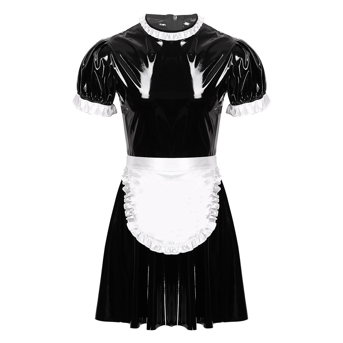 MSemis Men Male Sissy Maid Dress Cosplay Costume Clubwear Short Puff Sleeve Latex Maid Servant Uniform Flared Dress with Apron