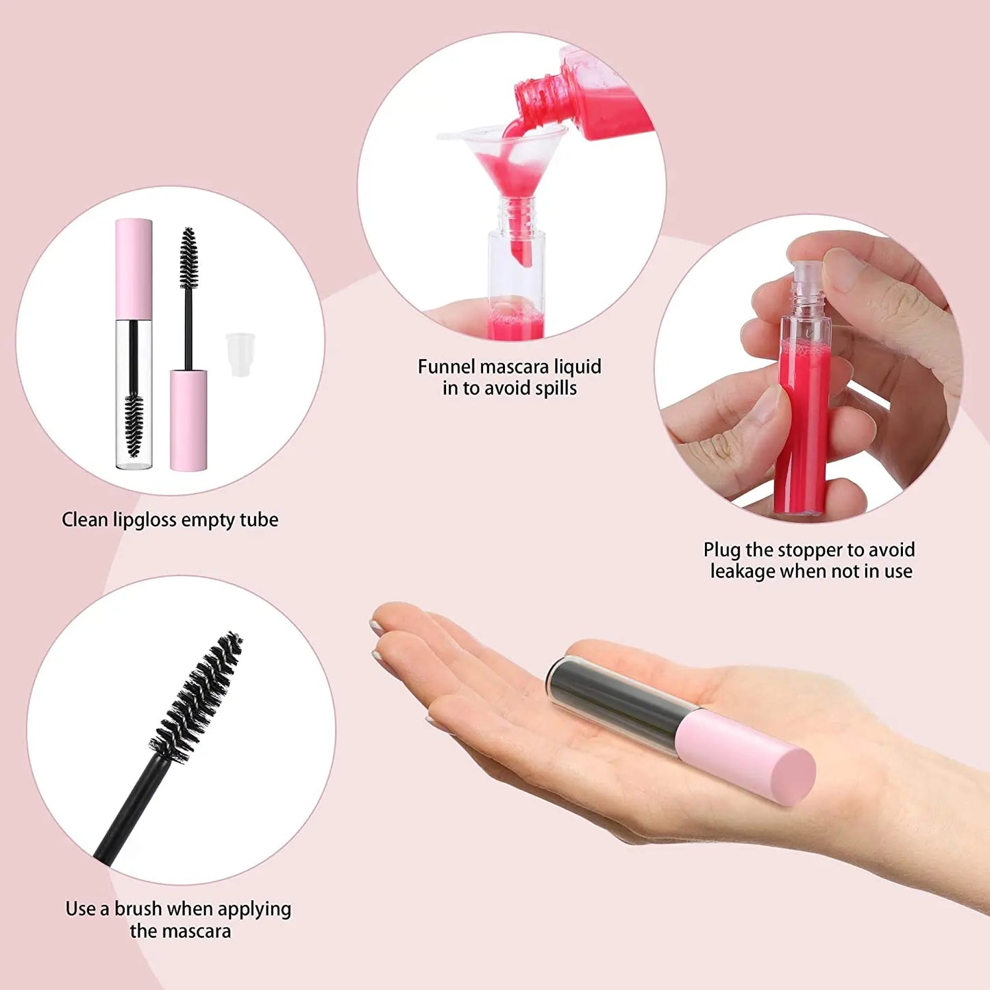 100pack Refillable Mascara Tubes with Rubber Inserts with Pink Cap for Cosmetic Packaging