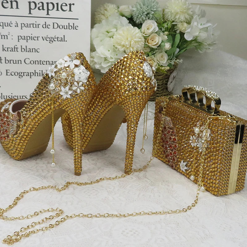 NEW Arrivals Golden Party Dress Shoe with Matching Bag Purse Crystal Wedding Shoes Bride Women's High Heel Platform Shoe High Pumps Purse Female Ladies Luxury Fashion Apparel Accessories Sets Clothing Products