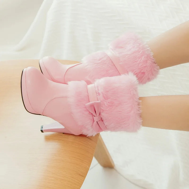 Brand NEW Black/White/Pink Luxury Women Boots Autumn Winter Warm Fur New Sexy Fashion PU Leather Mid-Calf Motorcycle Snow Boots High-Heeled Shoes 369