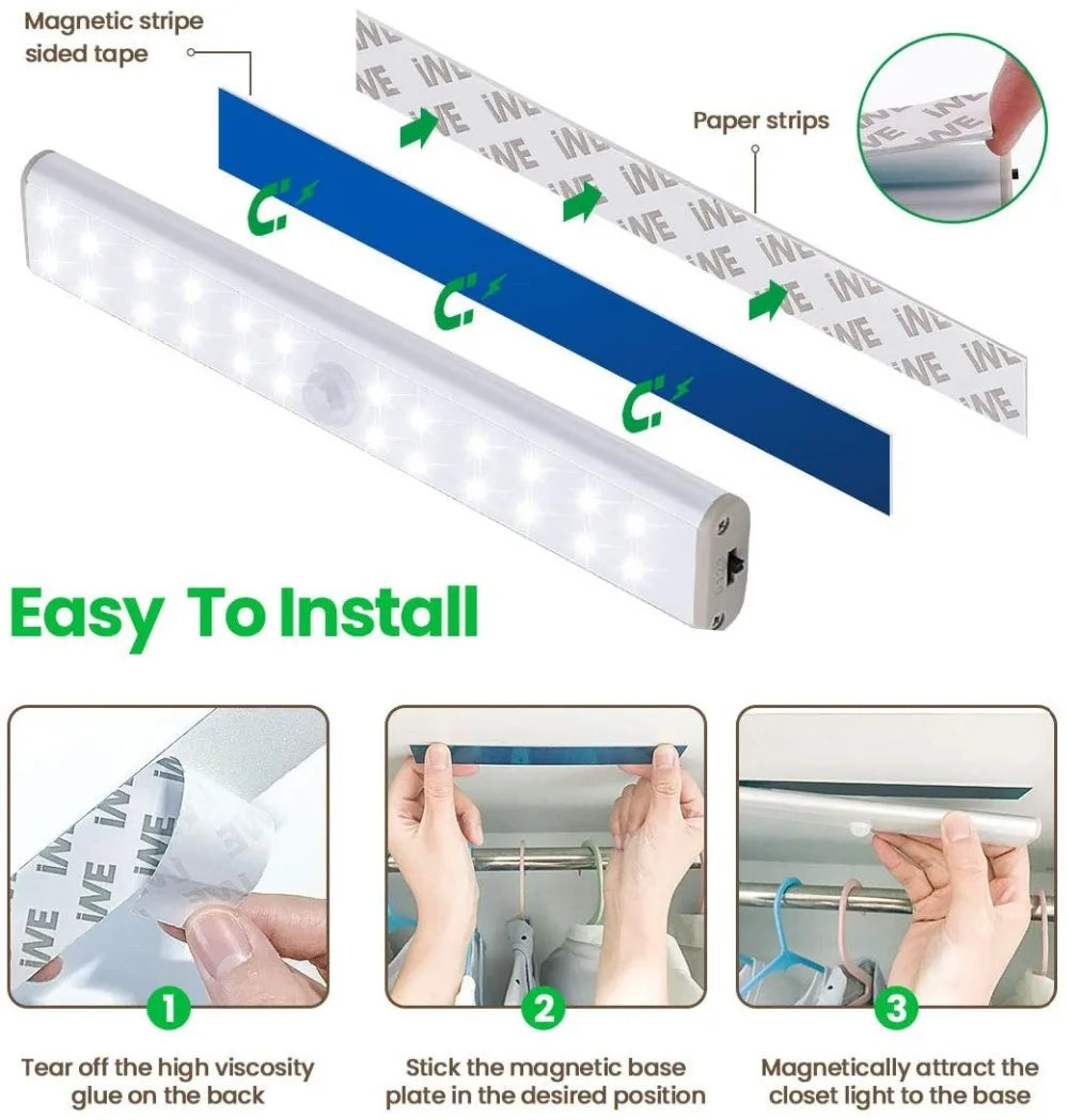 NEW Arrivals Motion Sensor LED Closet Wardrobe Cabinet Office Kitchen Bathroom Light 6 10 24 40 60 LEDs Under Cabinet Light Magnetic Night Lamp For Kitchen Stairs Wardrobe Cupboard Home Lighting Accessories
