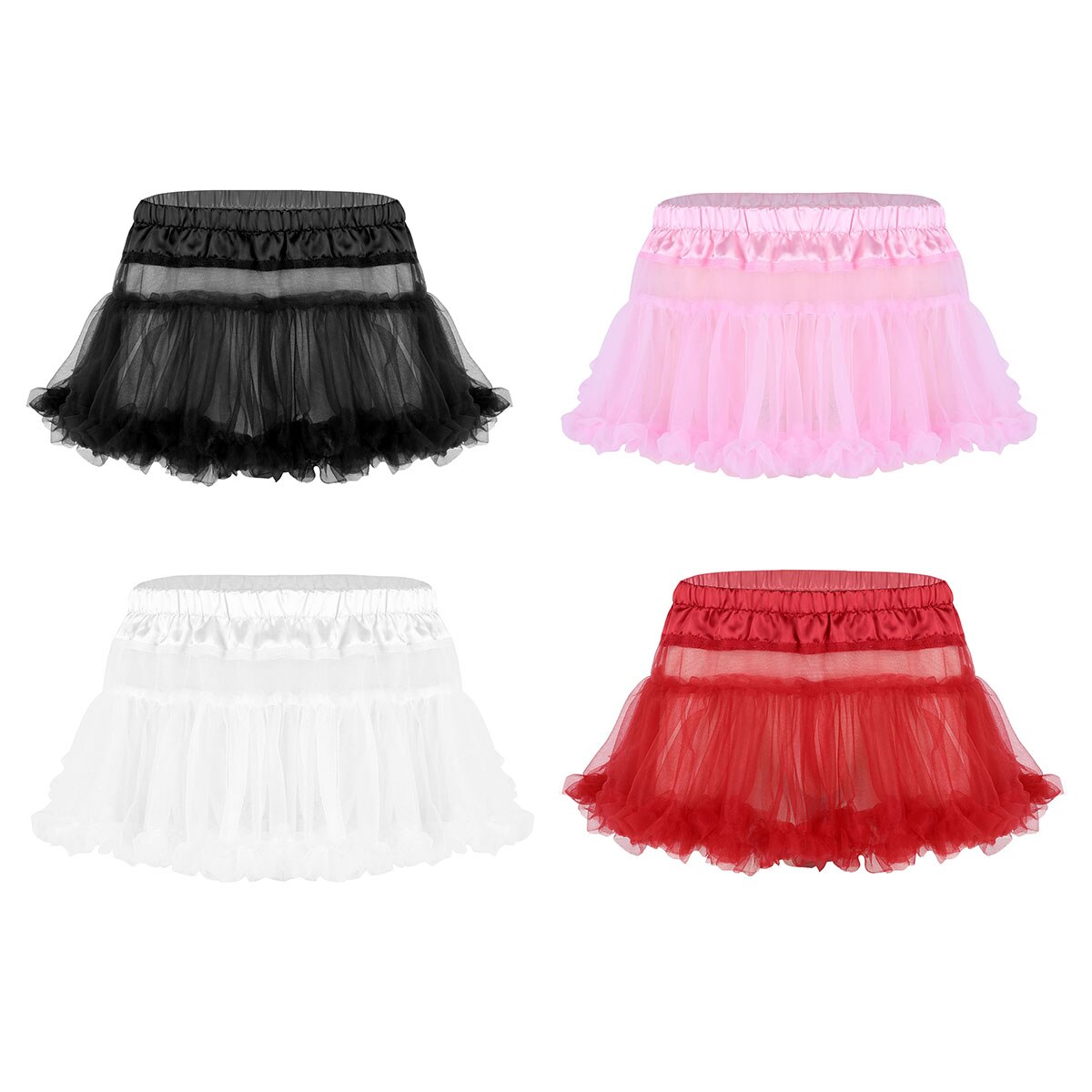 Sexy Mens Sissy Skirt Satin Elastic Waistband Frilly Ruffled Soft Tulle Layered skirt Short Mini Tutu Exotic Skirt